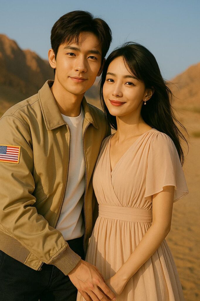 Romantic C-Drama couple in sunny outdoor setting