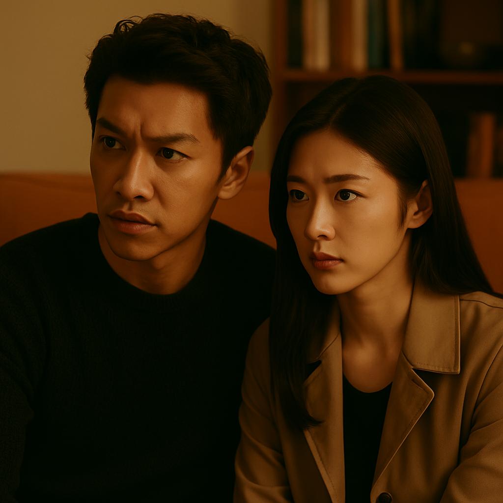 Thriller K-Drama couple in tense lighting