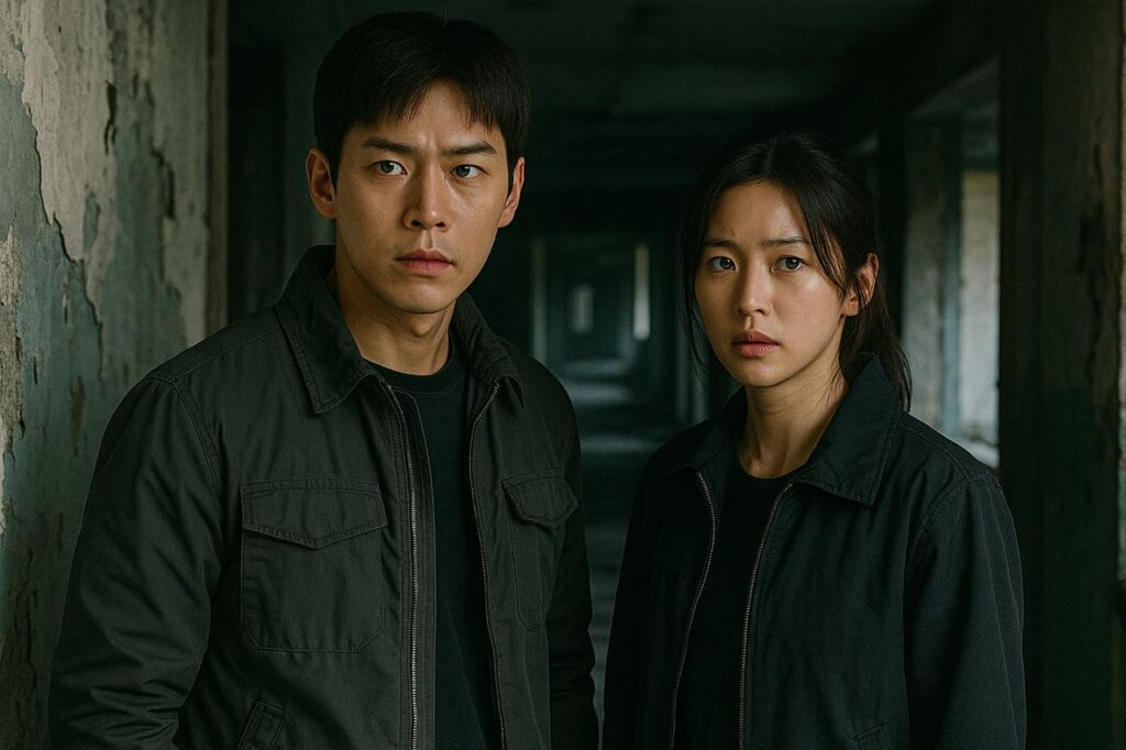 Thriller K-Drama couple in dark hallway