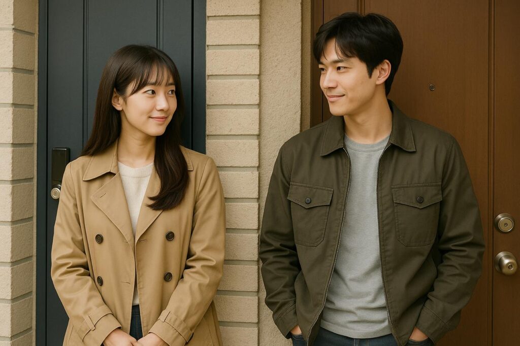 Romantic K-Drama couple standing outside