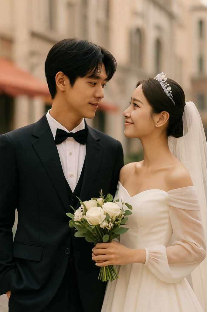 Wedding-themed romantic C-Drama couple in formal attire
