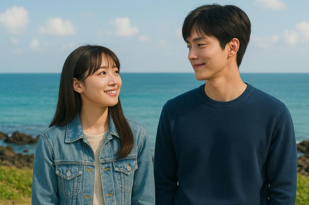 K-Drama couple by the sea in emotional moment